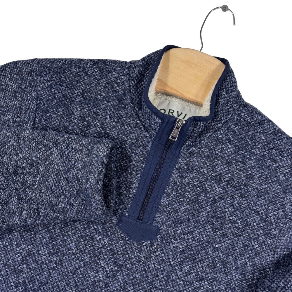 Orvis Mens M Sherpa Lined Quarter Zip Pullover Sweater Blue Textured‎ Outdoor